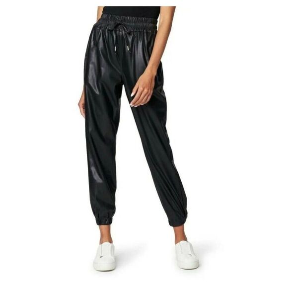 Blank NYC Jogger Pants Women's 1X Black Faux Vegan Leather Elastic Waist Drawstr - Picture 1 of 7
